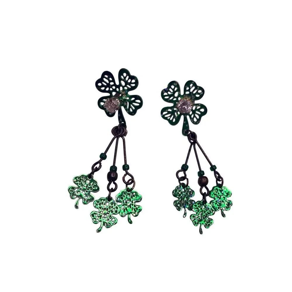 Green Clover Dangle Earrings St Patricks Day Shamrock Charm Festive Jewelry